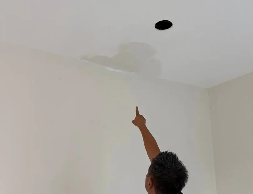 A man points at a grey water stain on a white ceiling near a downlight hole